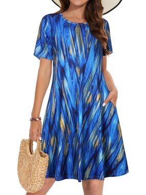 Women's Blue Strap T-shirt Short Sleeve Floral Sundress Beach Cover Mini Dress